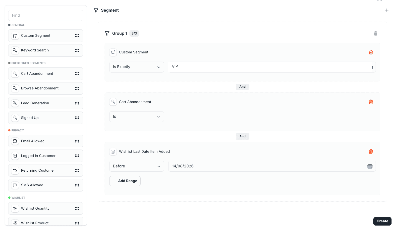 Segment builder with a group of visual audience rules
