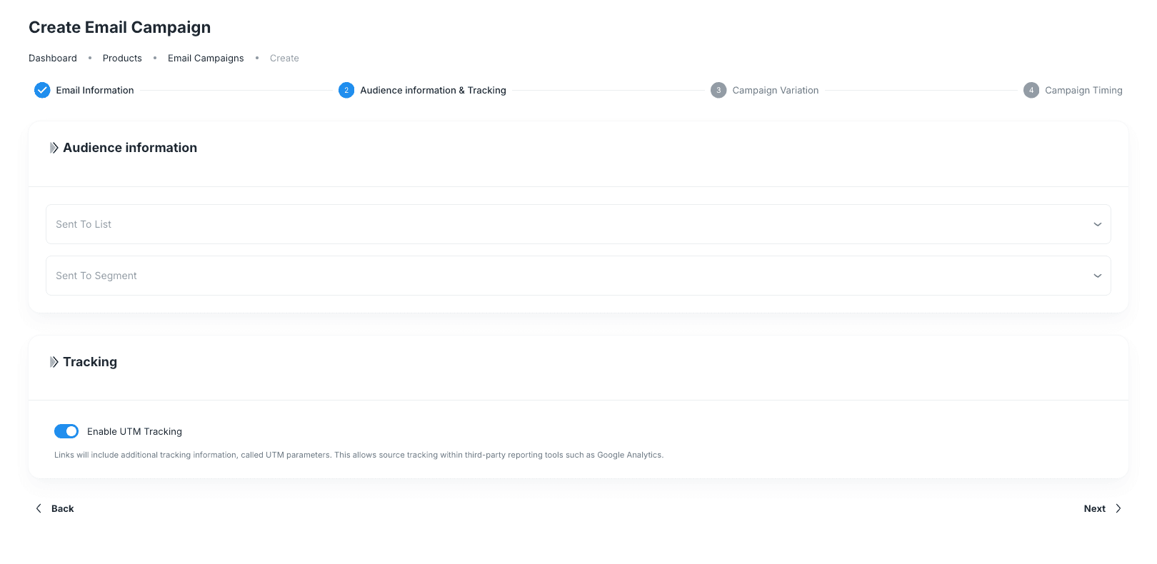 Audience and tracking step of the Email Campaign creation flow