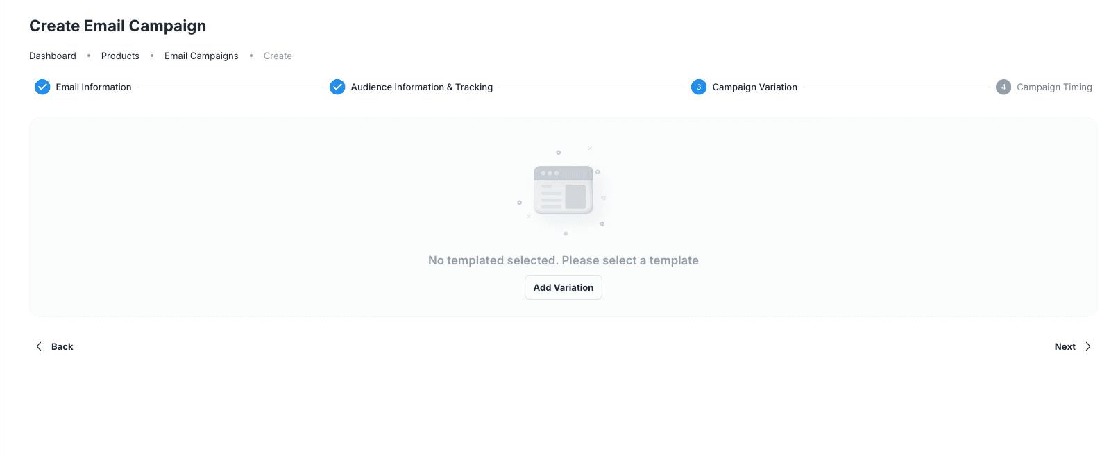 Campaign Variation step with the Add Variation button