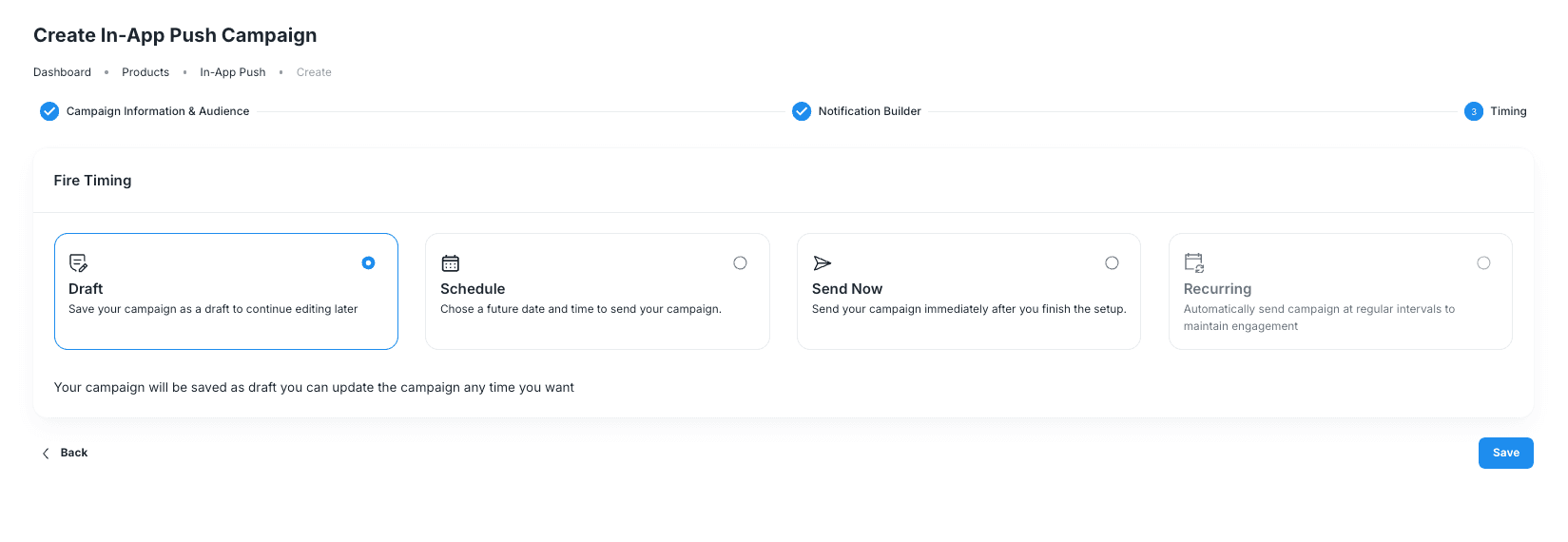 In-App Push Campaign timing options