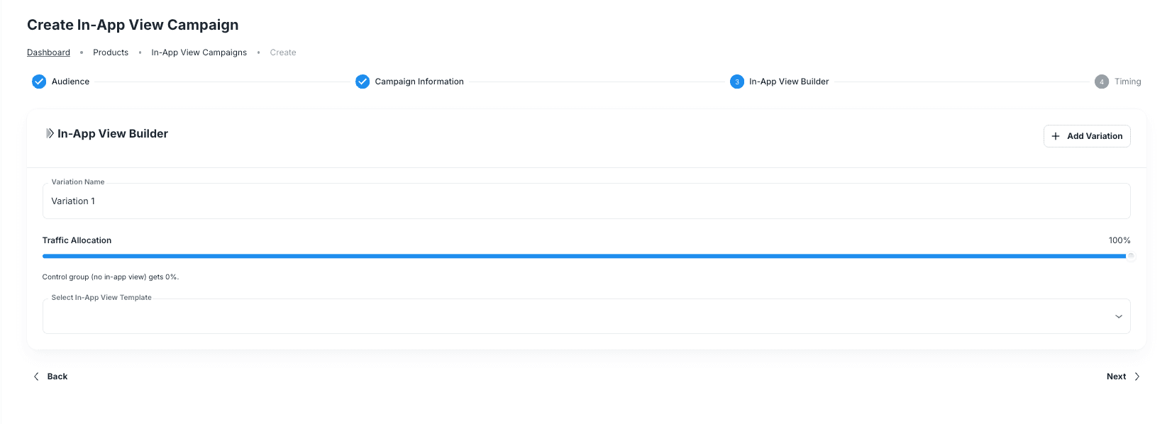 In-App View Builder with variation name traffic allocation and template selector