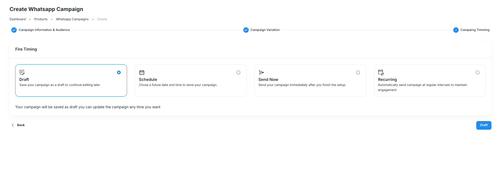 Campaign Timing step with Draft, Schedule, Send Now, and Recurring options