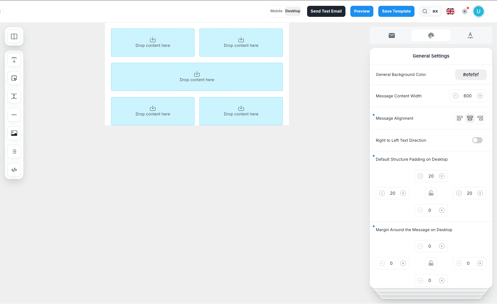 Blank Email Design Editor canvas with content blocks and general settings