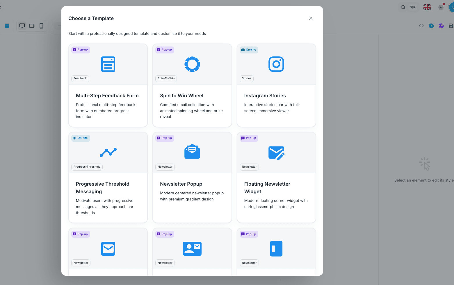 Choose a Template window showing available Web Template cards