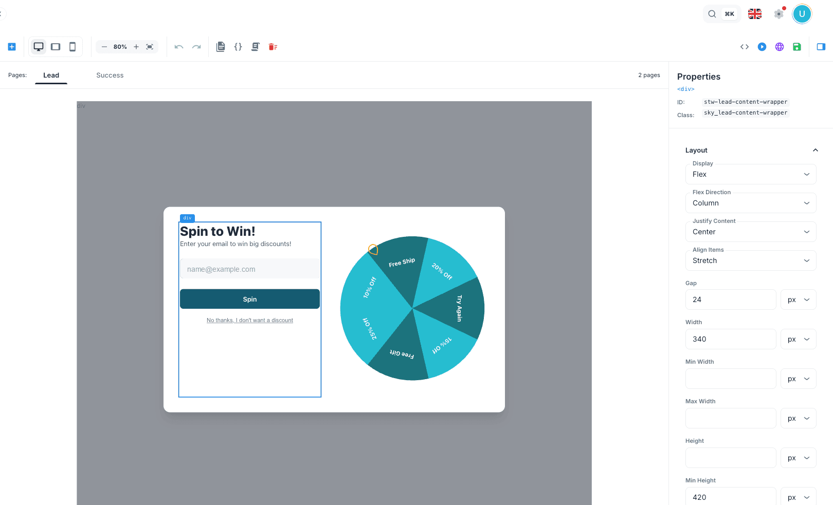 Web Template editor showing a Spin to Win template and its layout properties