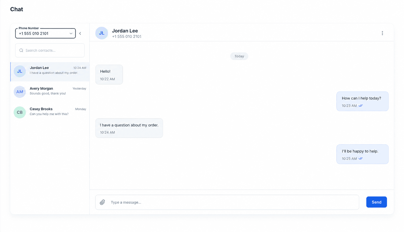 Chat workspace with fictional contacts and a sample conversation