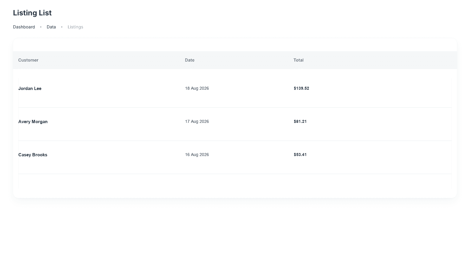 Listing List with fictional listing records