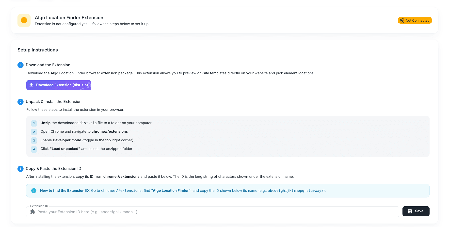 Algo Location Finder extension settings before connection