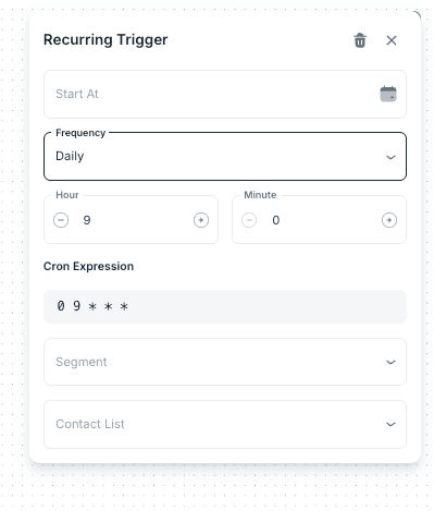 Recurring Trigger settings with start date, frequency, schedule time, cron expression, segment, and contact list